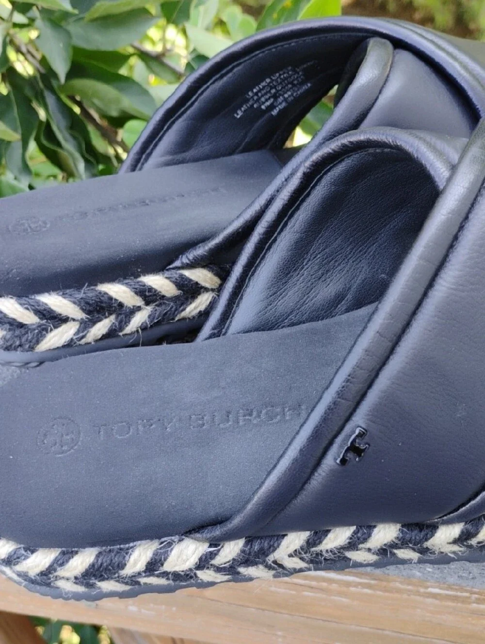 EUC Tory Burch Black Leather Criss Cross Jute Espadrilles Slides Resort - 8.5